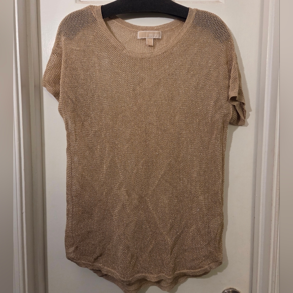 MICHAEL Michael Kors Gold Mesh Metallic Short Sleeve Top/Shirt.  Size L. - Picture 2 of 14